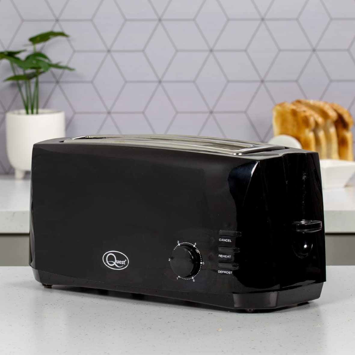 Quest 4-Slice Toaster – Extra-Wide Slots, 6 Browning Settings, Reheat & Defrost, Black