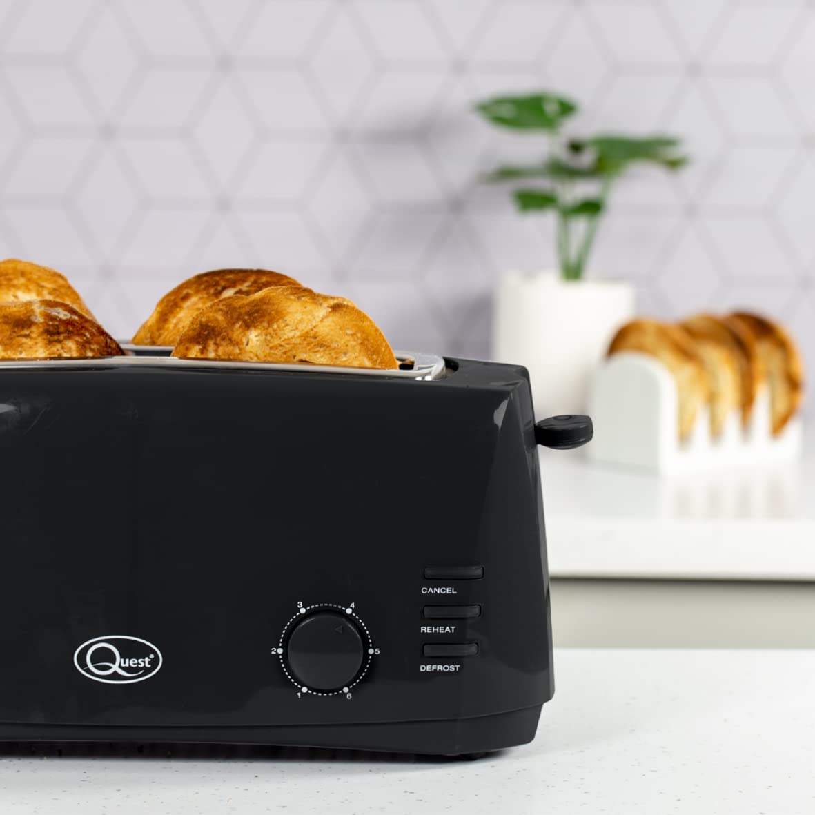 Quest 4-Slice Toaster – Extra-Wide Slots, 6 Browning Settings, Reheat & Defrost, Black