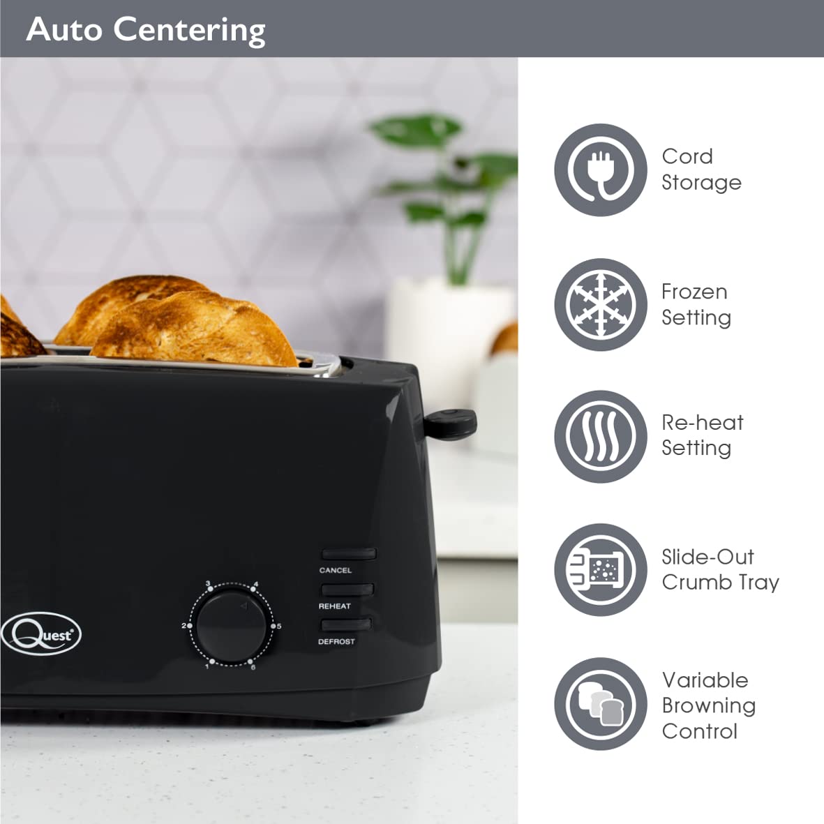 Quest 4-Slice Toaster – Extra-Wide Slots, 6 Browning Settings, Reheat & Defrost, Black