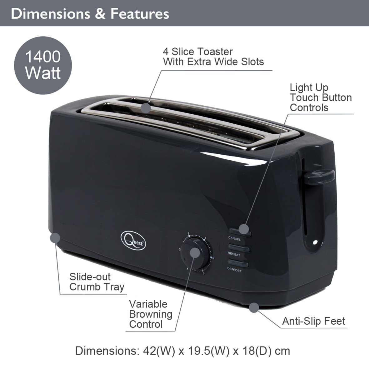 Quest 4-Slice Toaster – Extra-Wide Slots, 6 Browning Settings, Reheat & Defrost, Black