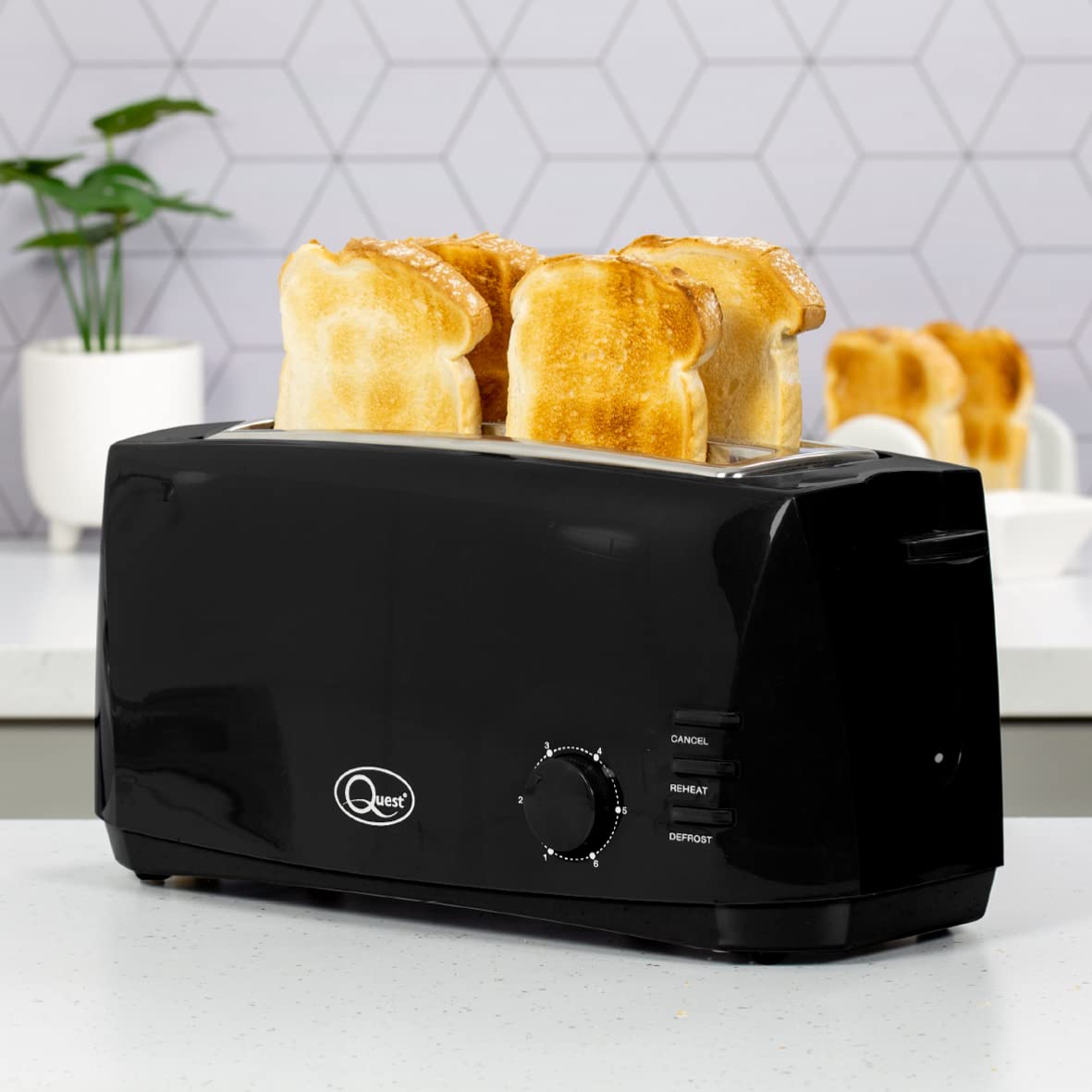 Quest 4-Slice Toaster – Extra-Wide Slots, 6 Browning Settings, Reheat & Defrost, Black