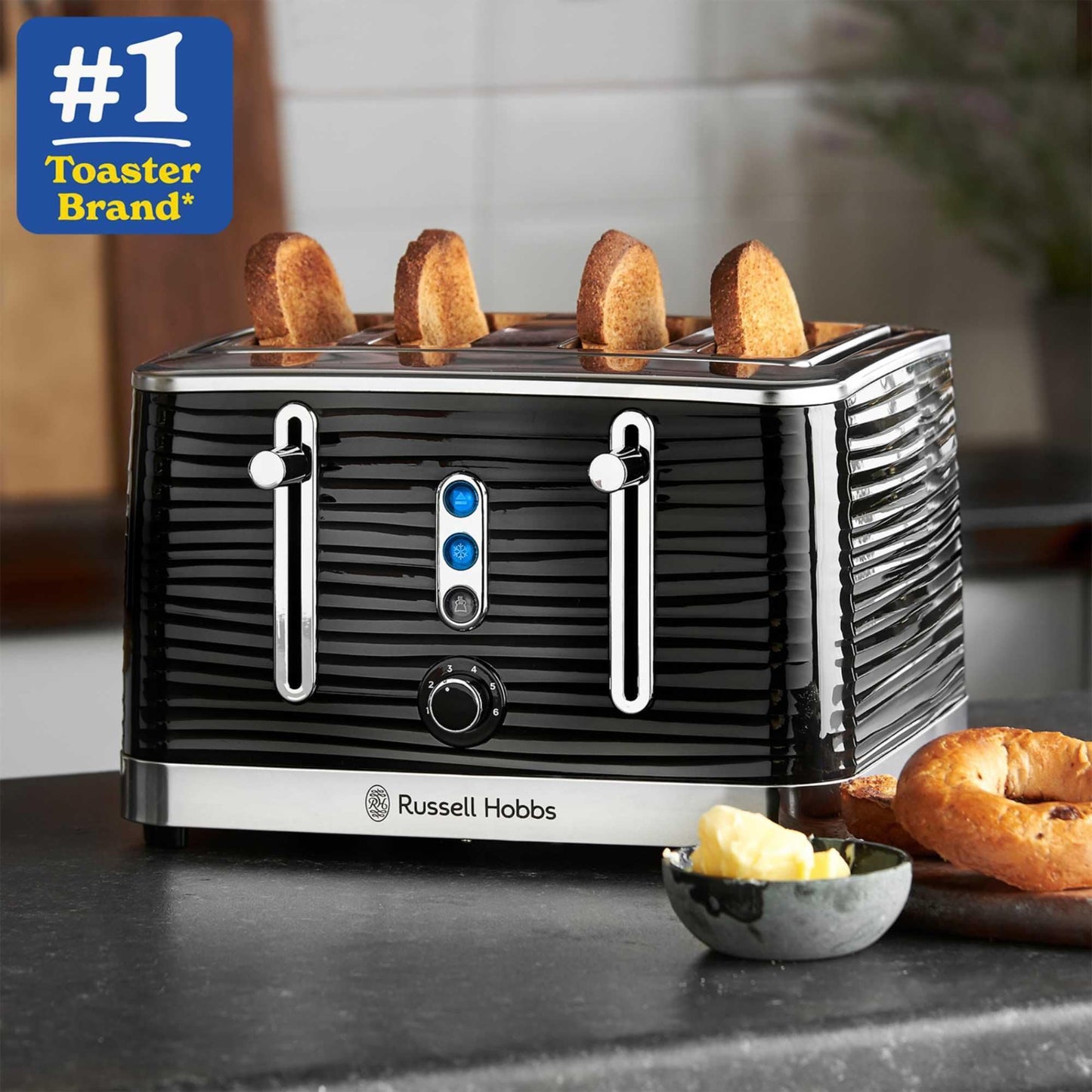 Russell Hobbs Inspire 4-Slice Toaster – Extra-Wide Slots, High-Lift, 6 Browning Levels, Black