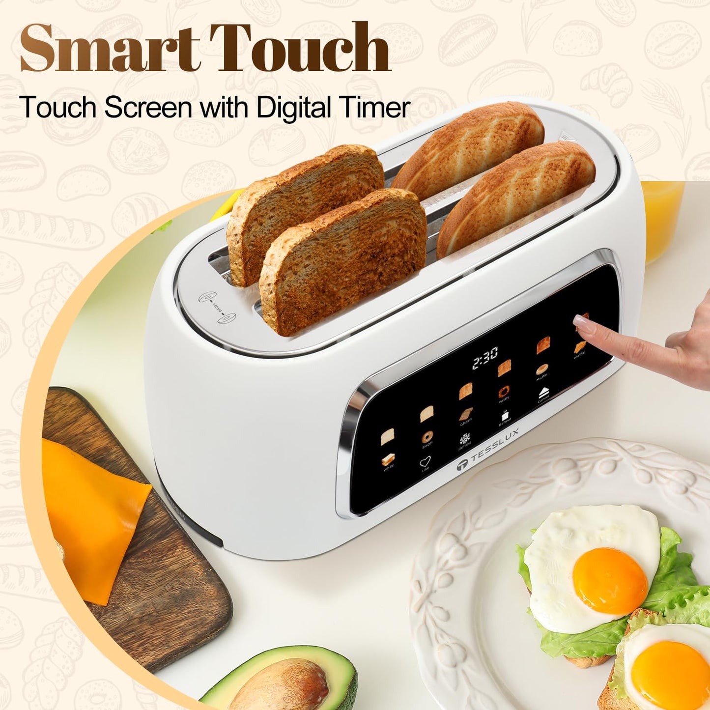 Tesslux 4-Slice Digital Toaster – Touchscreen, Wide Slots, Multiple Settings (White)