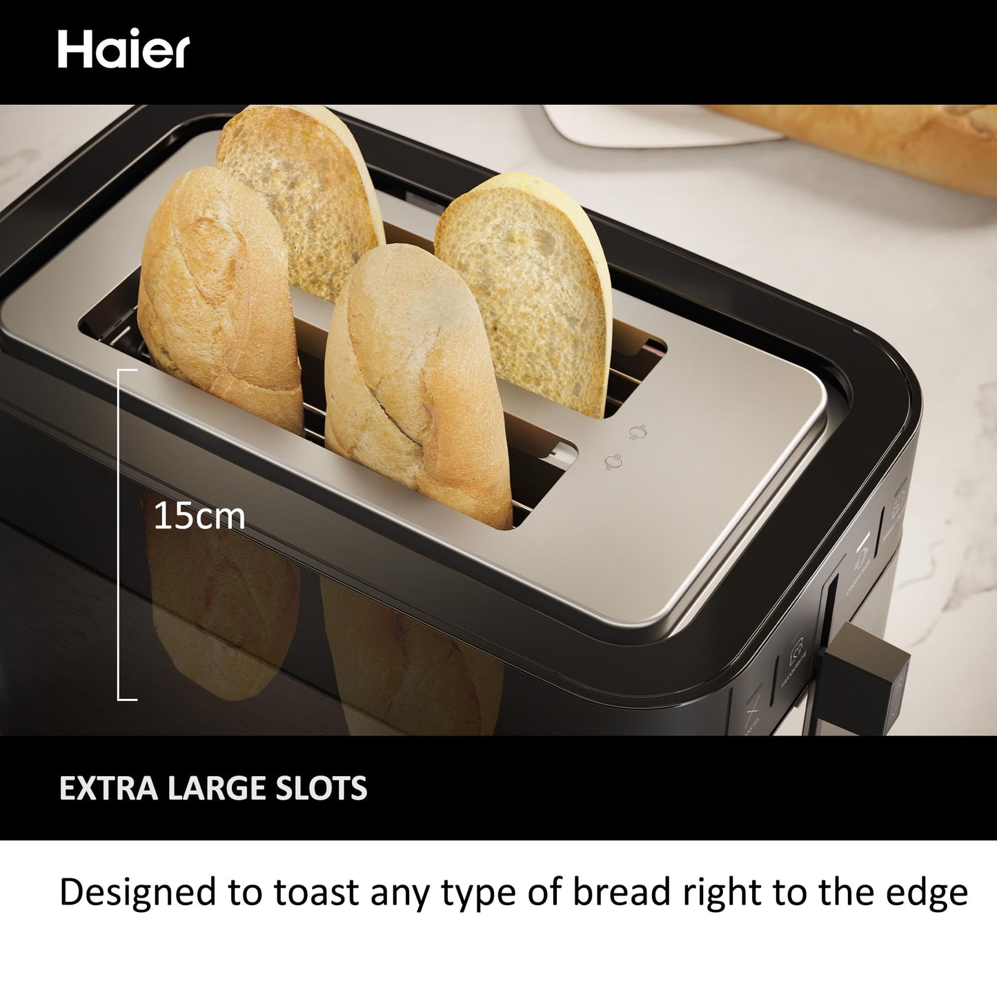 Haier I-Master Series 5 2-Slice Toaster – Extra-Large Slots, Stainless Steel, Black