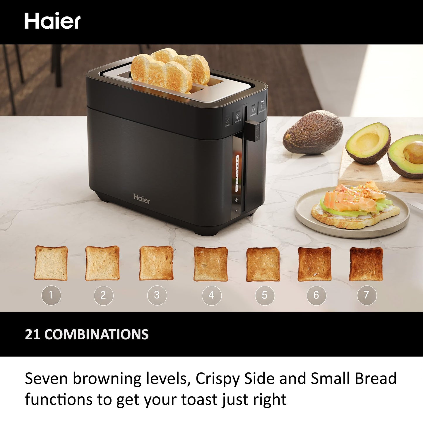 Haier I-Master Series 5 2-Slice Toaster – Extra-Large Slots, Stainless Steel, Black