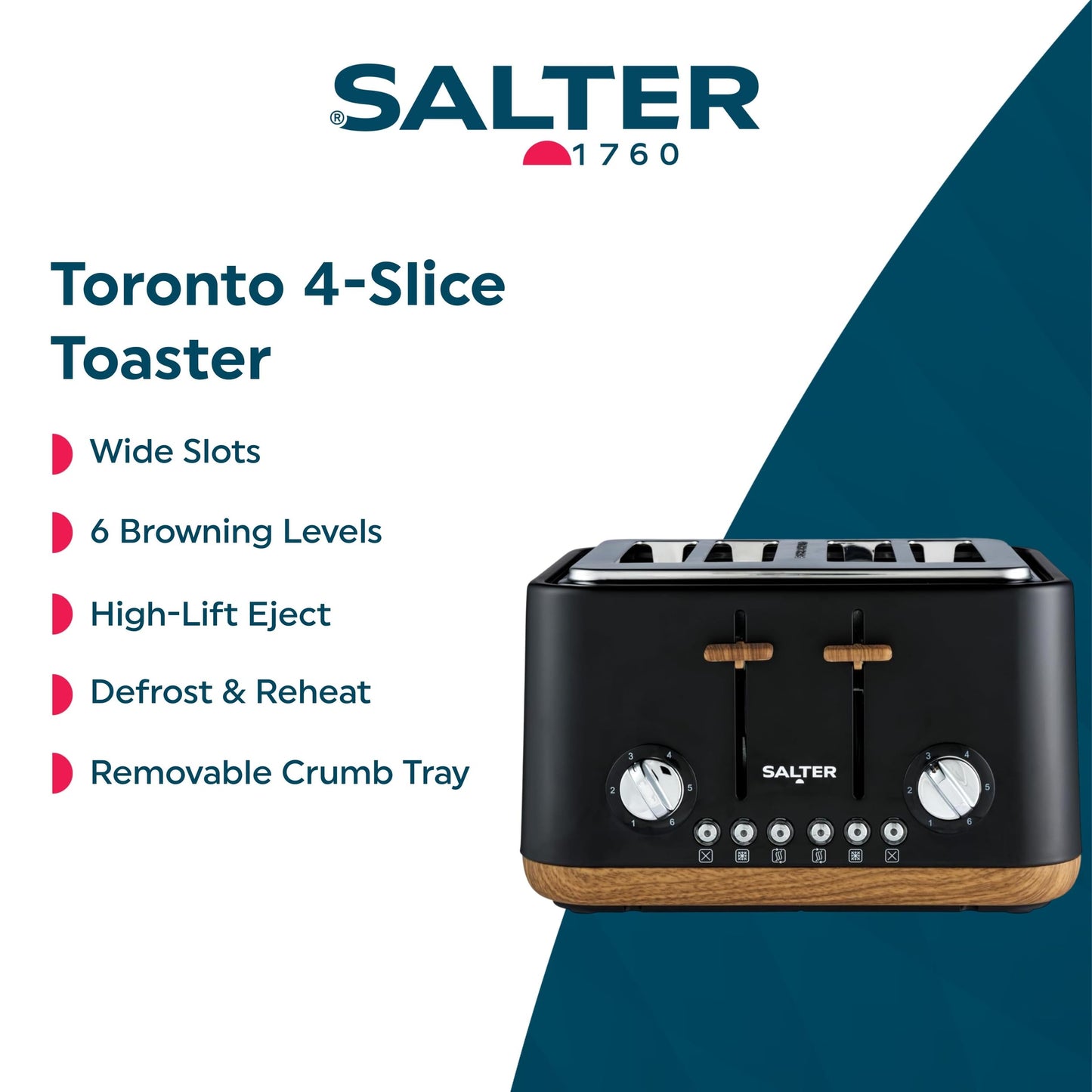 Salter Toronto 4-Slice Toaster – Wide Slots, 6 Browning Levels, High-Lift, Wood Effect & Black