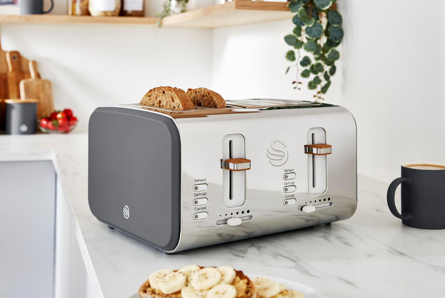 Swan Nordic 4-Slice Toaster – 1500W, Grey, Defrost & Reheat Functions