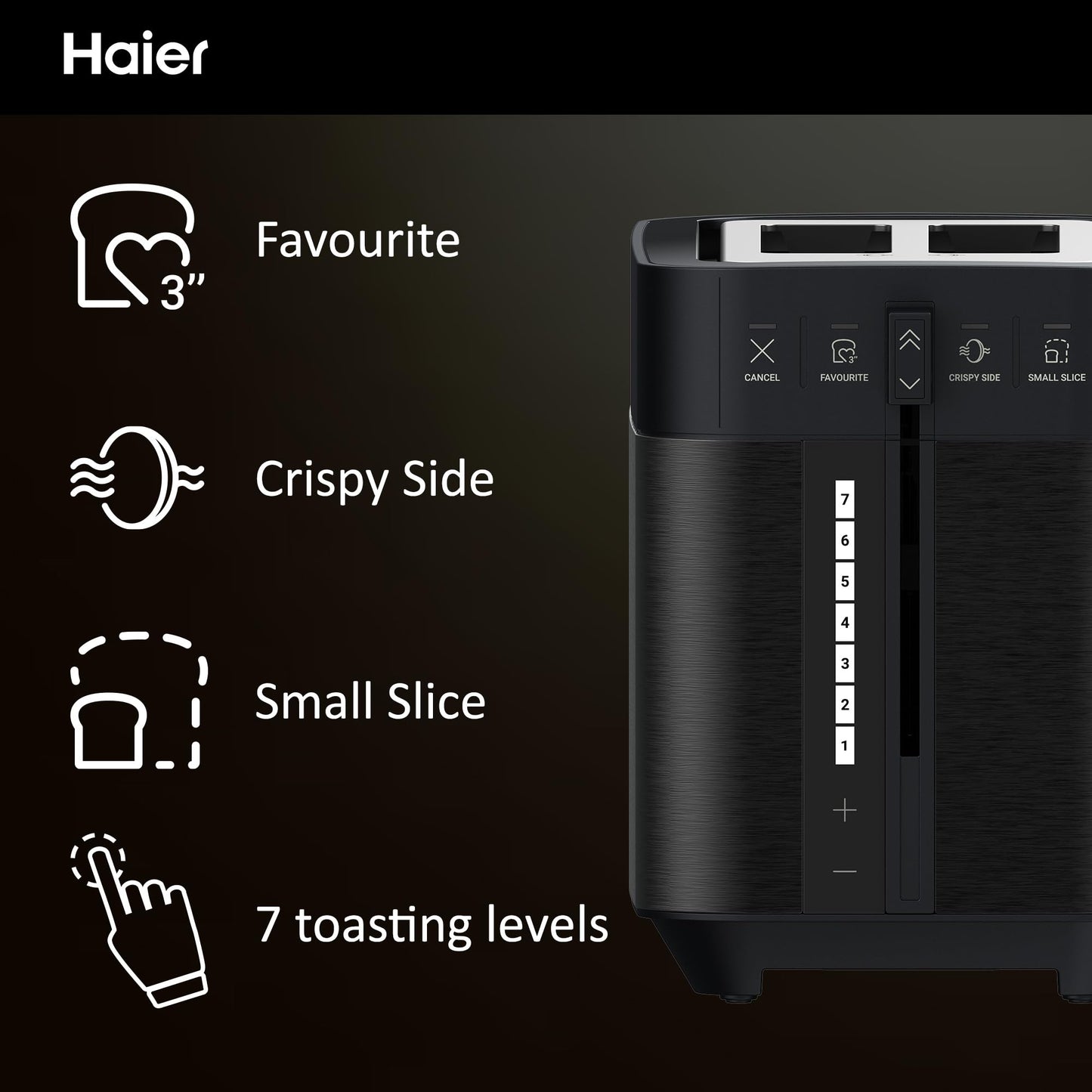 Haier I-Master Series 5 2-Slice Toaster – Extra-Large Slots, Stainless Steel, Black