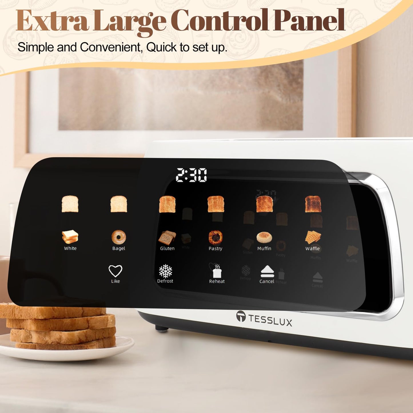 Tesslux 4-Slice Digital Toaster – Touchscreen, Wide Slots, Multiple Settings (White)