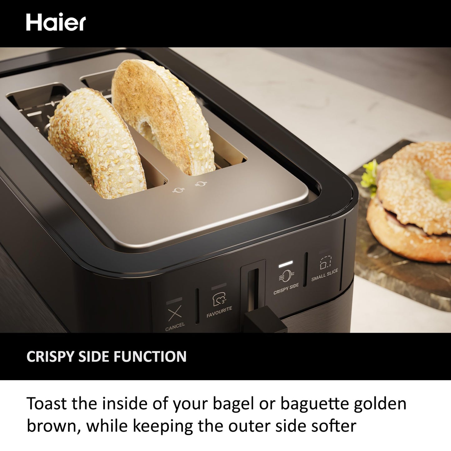 Haier I-Master Series 5 2-Slice Toaster – Extra-Large Slots, Stainless Steel, Black