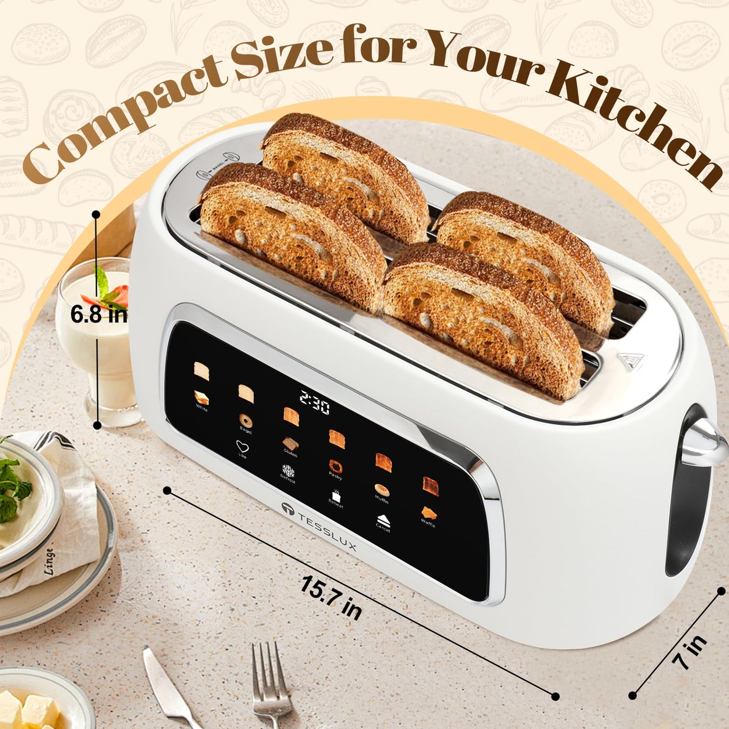 Tesslux 4-Slice Digital Toaster – Touchscreen, Wide Slots, Multiple Settings (White)