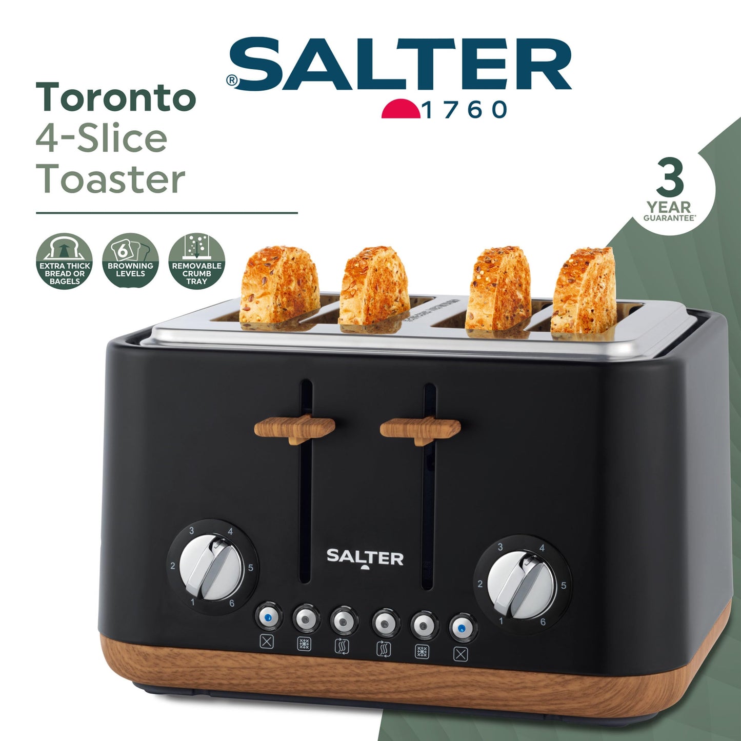 Salter Toronto 4-Slice Toaster – Wide Slots, 6 Browning Levels, High-Lift, Wood Effect & Black