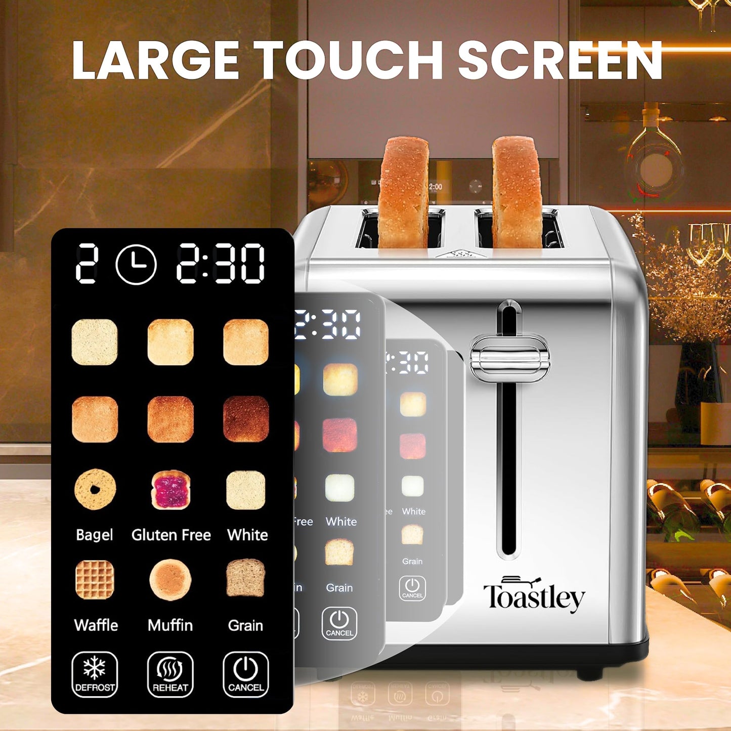 Toastley 2-Slice Smart Toaster – Touch Control, Wide Slots, Silver