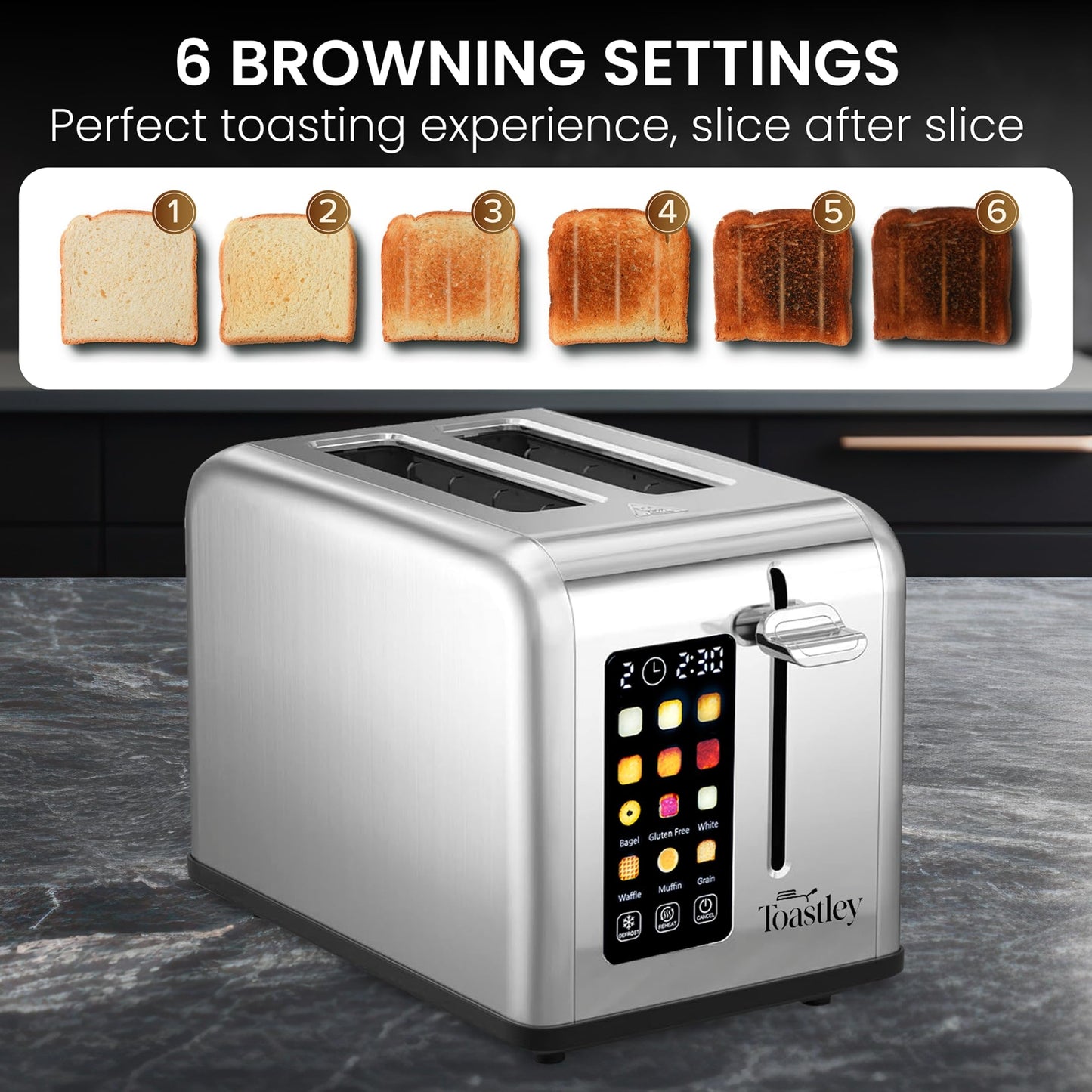 Toastley 2-Slice Smart Toaster – Touch Control, Wide Slots, Silver