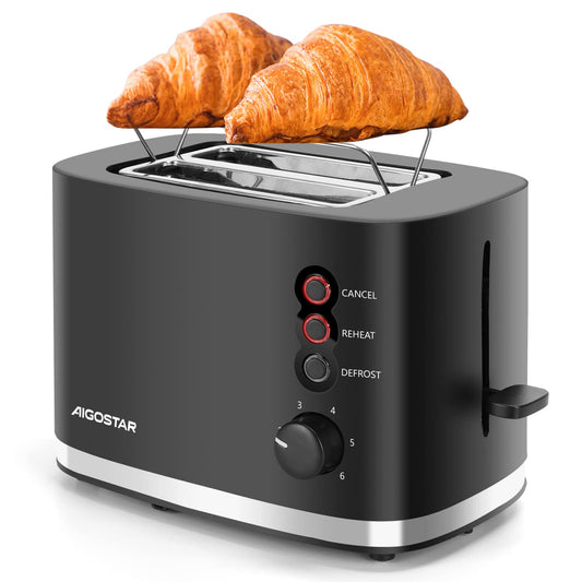 Aigostar 2-Slice Toaster – Wide Slots, 800W, Black with Warming Rack