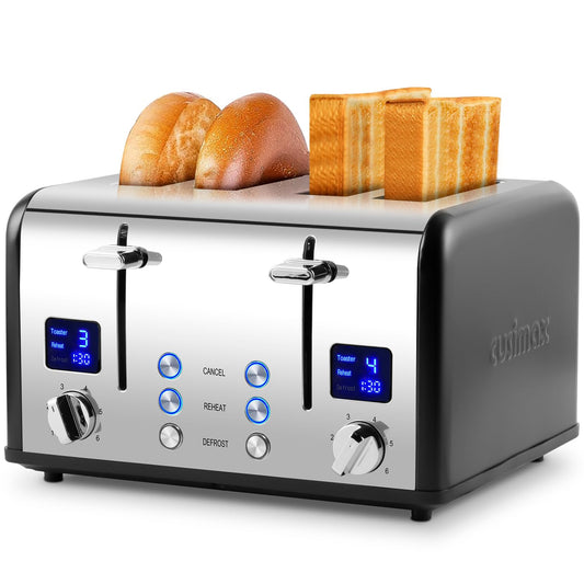 Cusimax 4-Slice Stainless Steel Toaster – Extra-Wide Slots, LED Display, Black