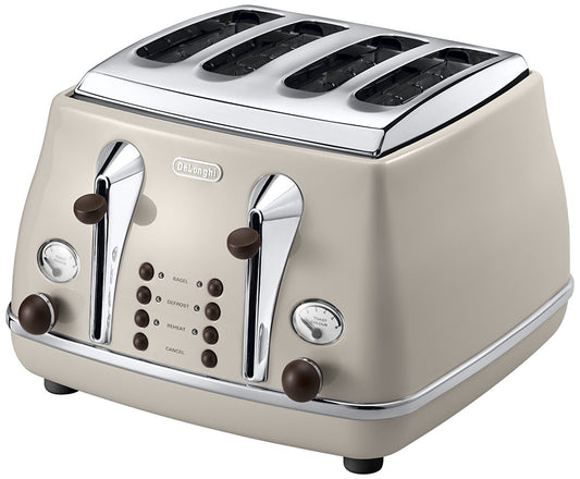 De'Longhi Icona Vintage 4-Slice Toaster – Reheat, Defrost, Bagel, Beige